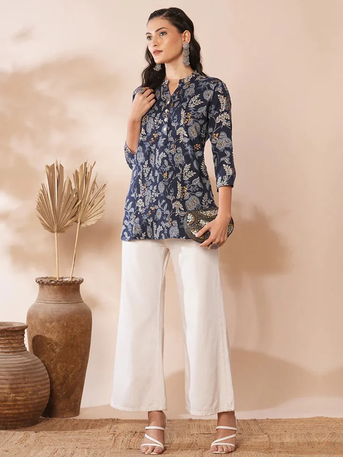 Blue Shirt with Floral Leaf Print