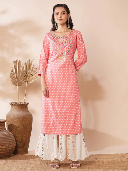 Peach Motif Ethnic Floral Dress