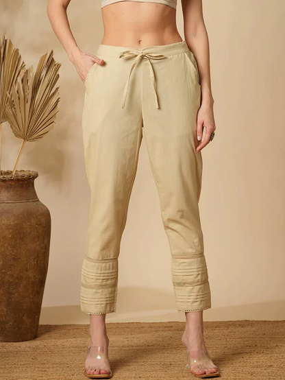 Beige Cotton Linen Straight Pants