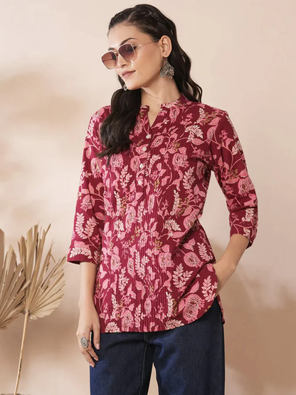 Red Shirt with Floral Leaf Print