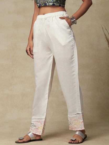 White Lace Embroidered Pants