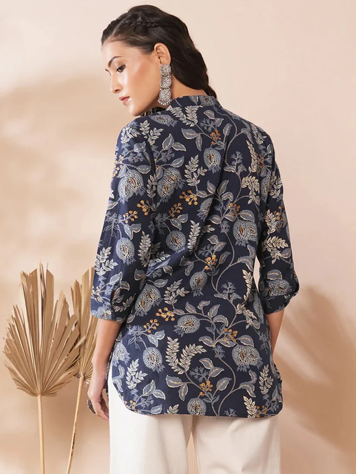 Blue Shirt with Floral Leaf Print