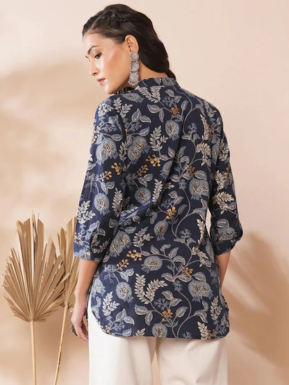 Blue Shirt with Floral Leaf Print