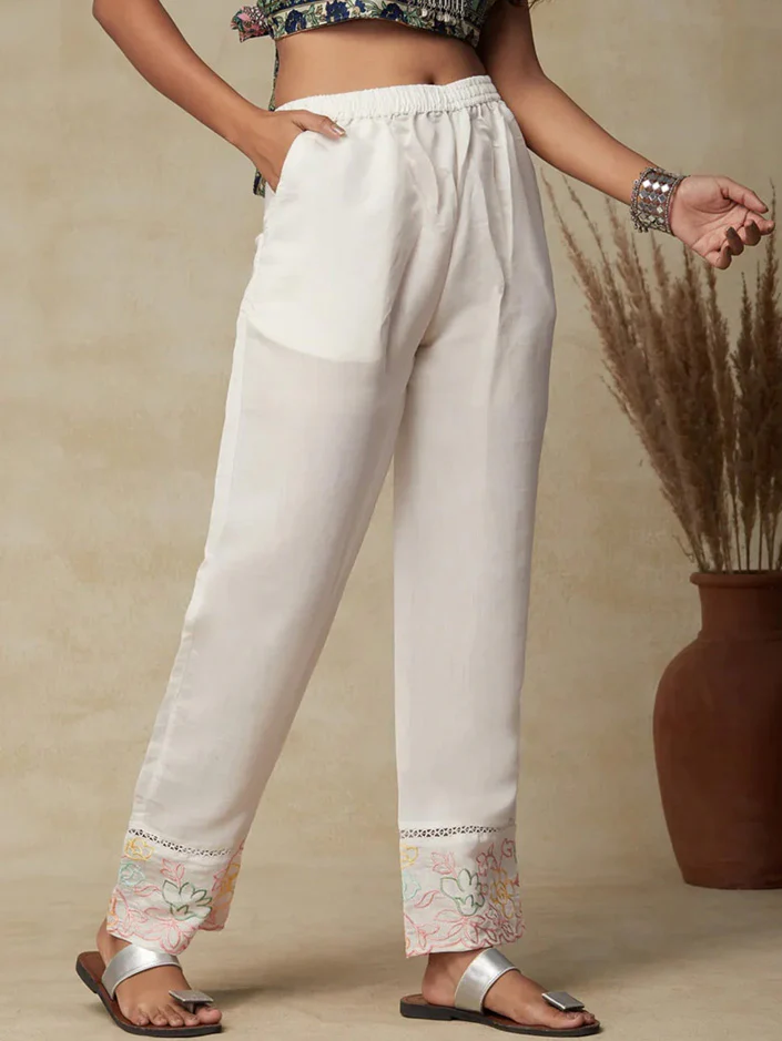 White Lace Embroidered Pants