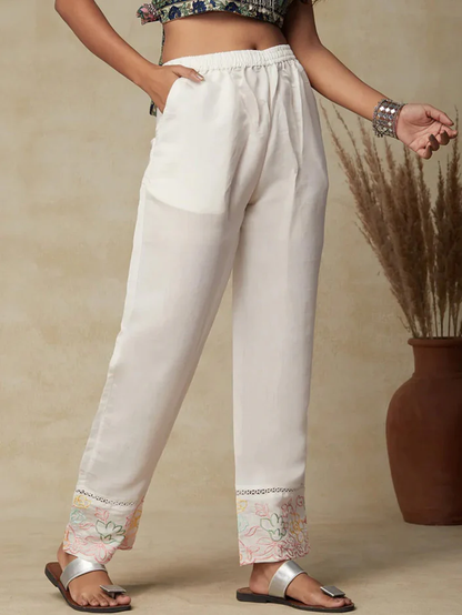 White Lace Embroidered Pants