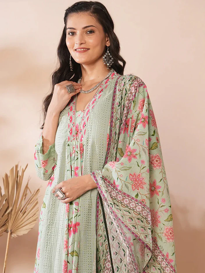 Green Floral Print Ethnic Costume