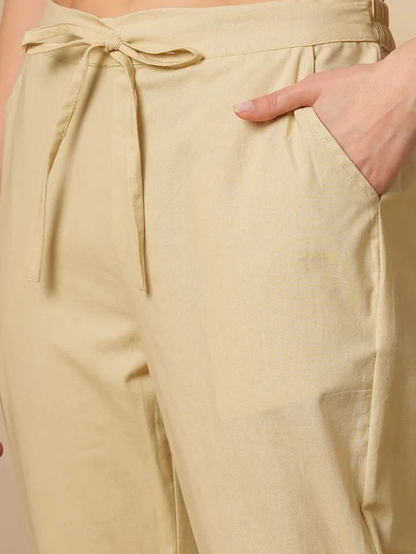 Beige Cotton Linen Straight Pants