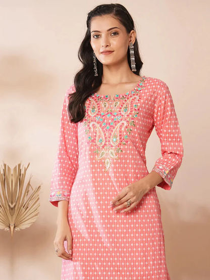 Peach Motif Ethnic Floral Dress