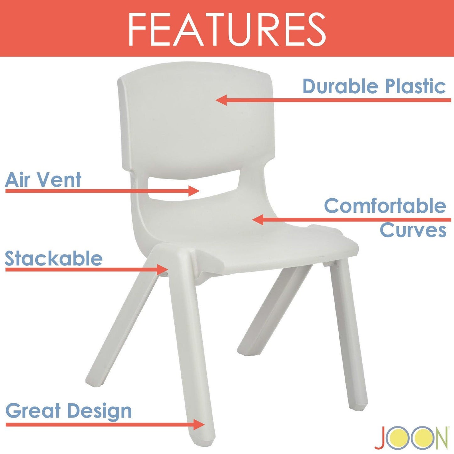 JOON Stackable Plastic Kids Learning Chairs, Light Gray, 20.5x12.75X11 Inches, 2-Pack